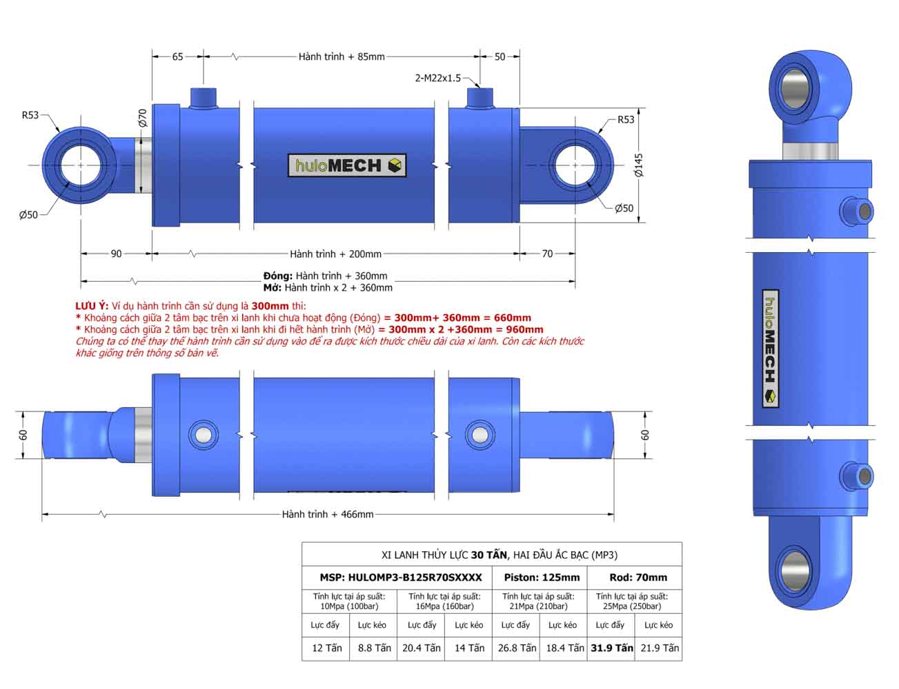 Bản vẽ Xi Lanh Thủy Lực 30 Tấn - Hai đầu ắc bạc (MP3) HULOMP3-B125R70SXXX