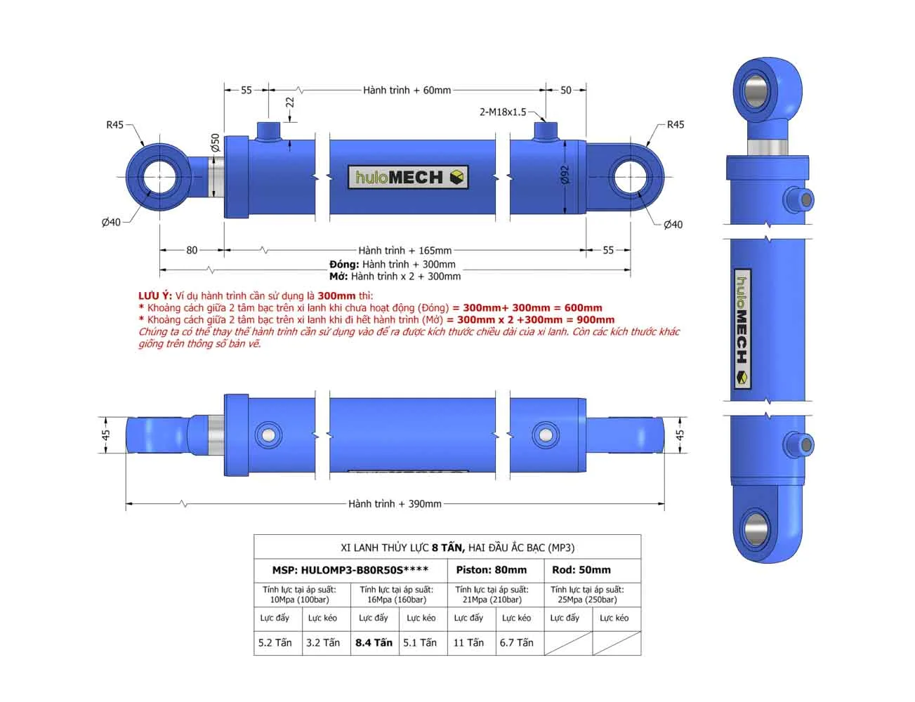 Bản vẽ Xi Lanh Thủy Lực 8 Tấn - Hai đầu ắc bạc (MP3) HULOMP3-B80R50SXXXX