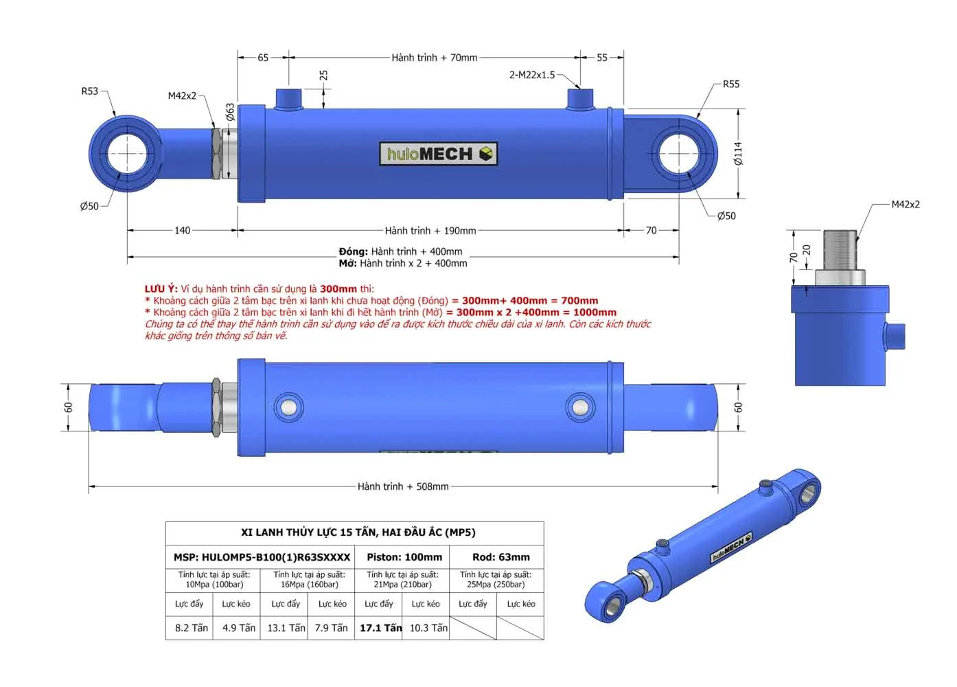 Bản vẽ Xi Lanh Thủy Lực 15 Tấn - Hai đầu ắc vòng bi (MP5) HULOMP5-B100(1)R63SXXX
