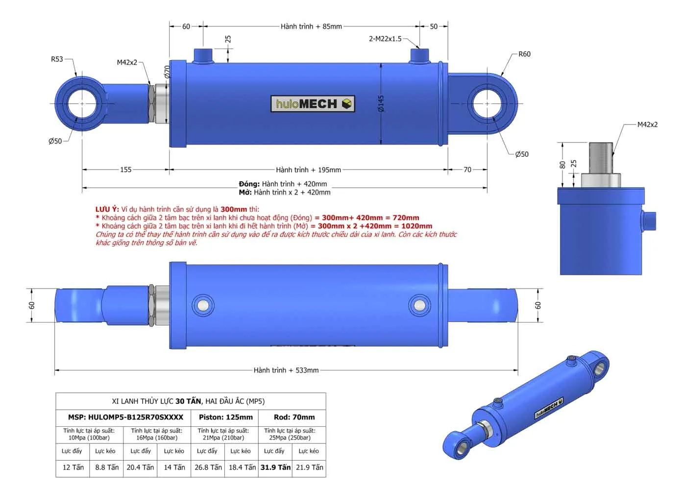 Bản vẽ Xi Lanh Thủy Lực 30 Tấn - Hai đầu ắc vòng bi (MP5) HULOMP5-B125R70SXXX