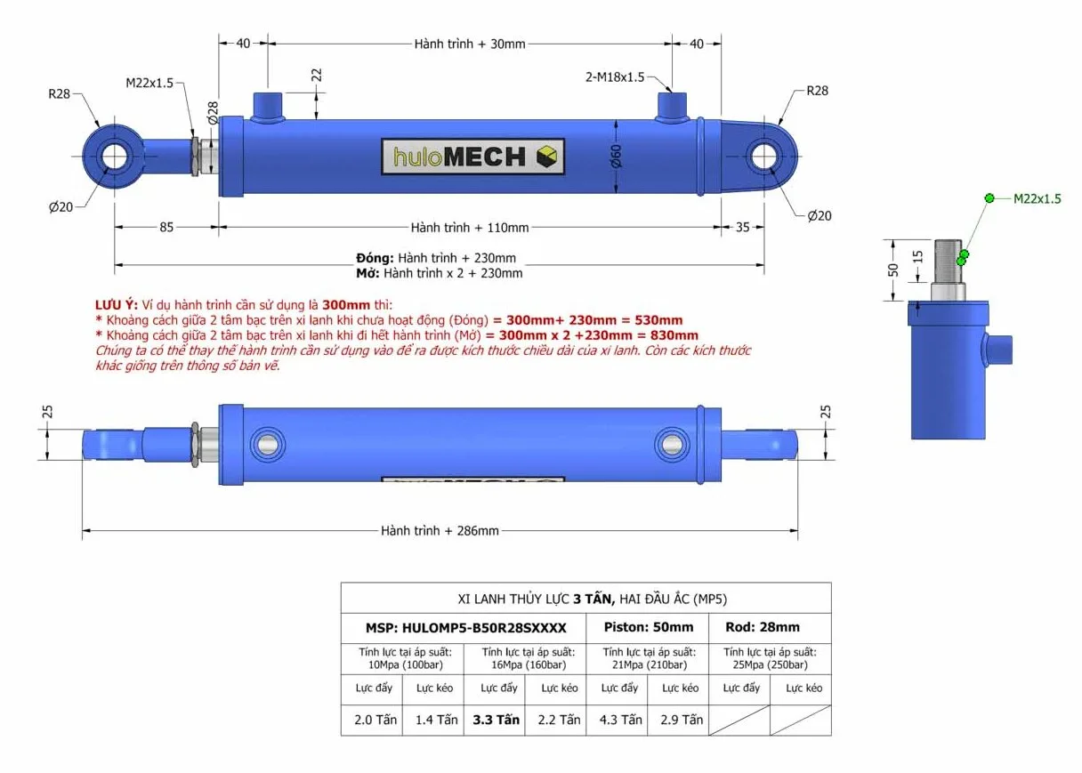 Bản vẽ Xi Lanh Thủy Lực 3 Tấn - Hai đầu ắc vòng bi (MP5) HULOMP5-B50R28SXXXX