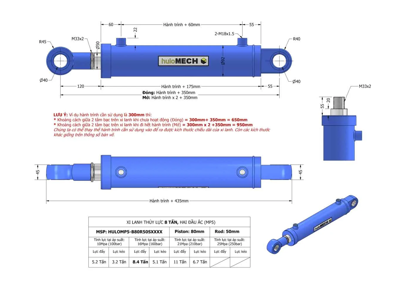 Bản vẽ Xi Lanh Thủy Lực 8 Tấn - Hai đầu ắc vòng bi (MP5) HULOMP5-B80R50SXXX