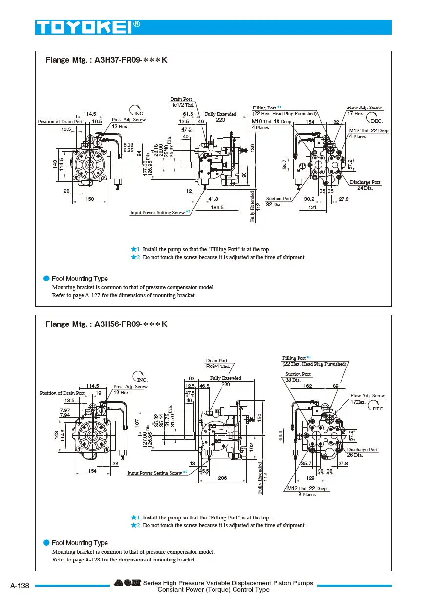 Bơm thủy lực piston điều khiển công suất ổn định TOYOKEI A3H series