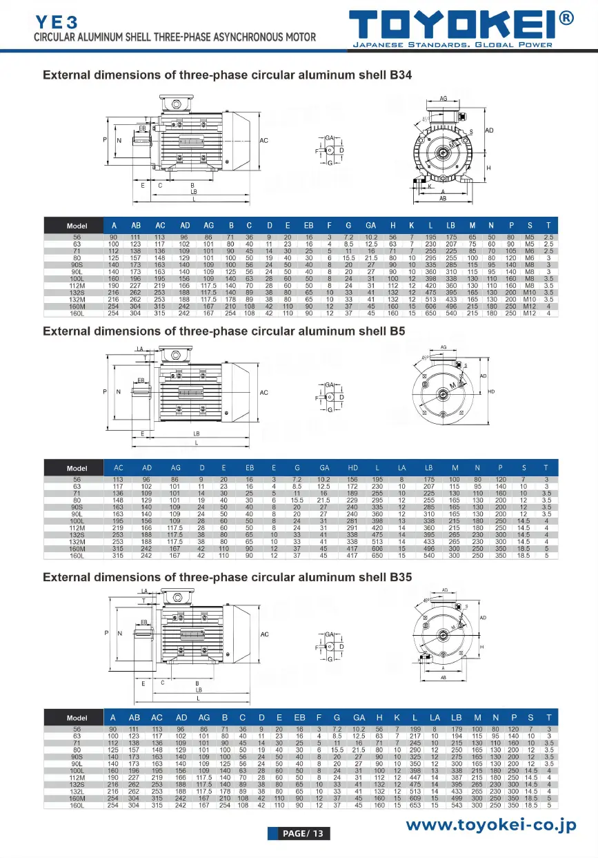 Động cơ điện 3 pha 380V/50Hz YE3-90AL/0,75kW-1,1kW-1.5kW-2.2kW TOYOKEI JAPAN / B14, B3, B34, B35, B5