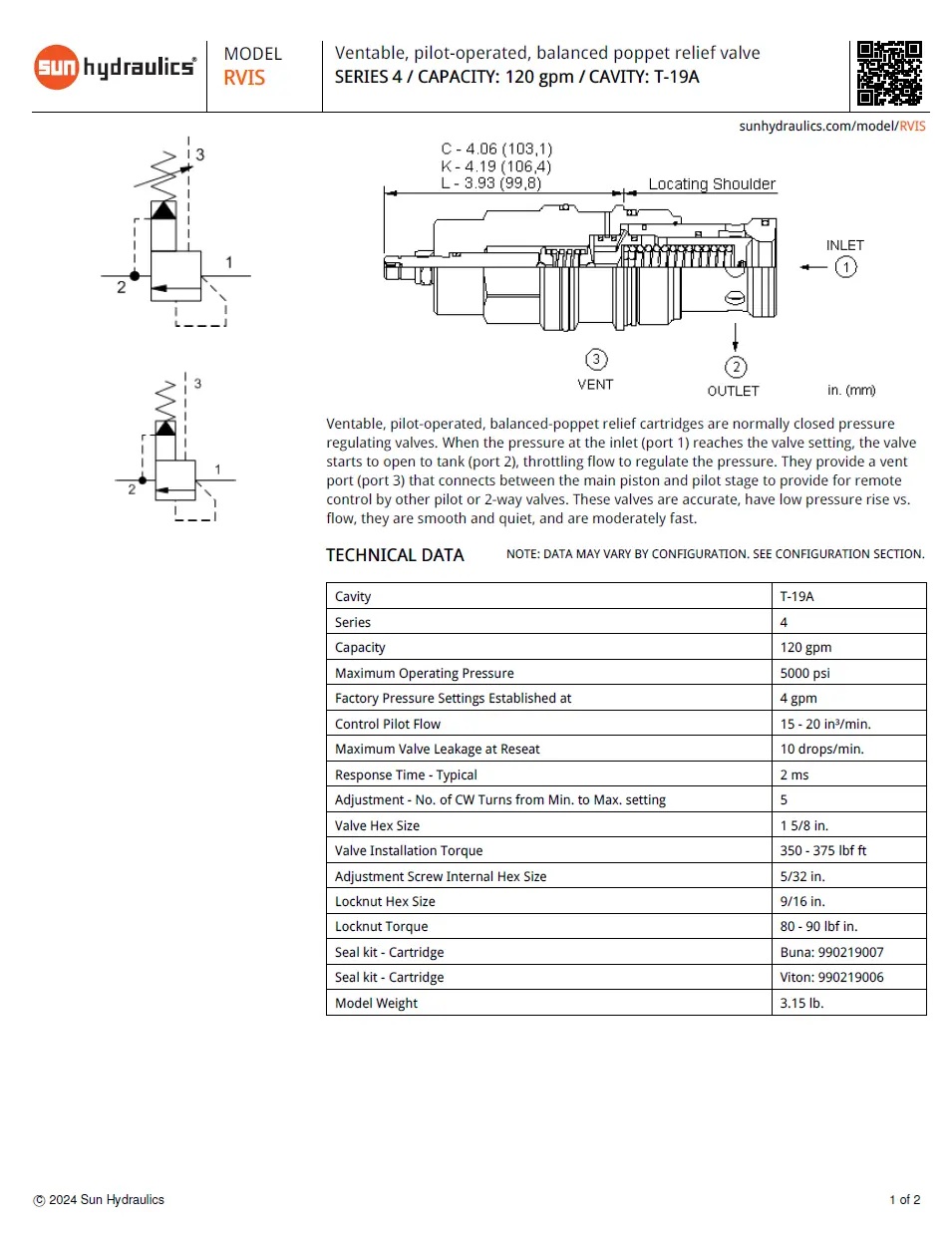 Van cân bằng áp suất cartridge SUN Hydraulics RVIS