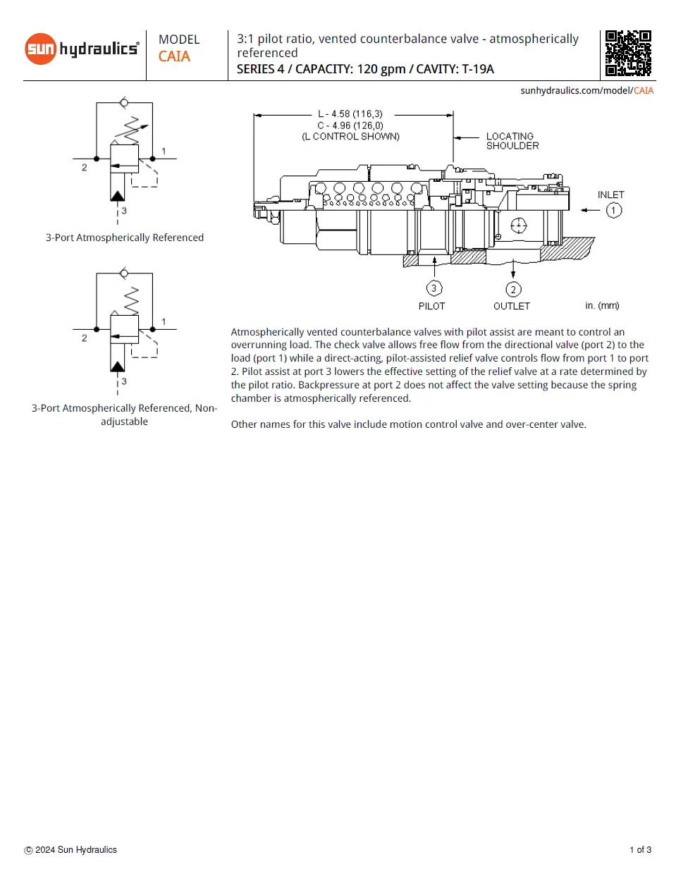 Van cân bằng áp suất cartridge SUN Hydraulics CAIA - LHN/LIN