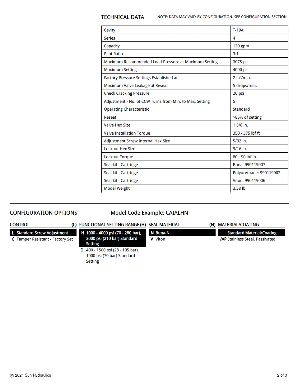 Van cân bằng áp suất cartridge SUN Hydraulics CAIA - LHN/LIN