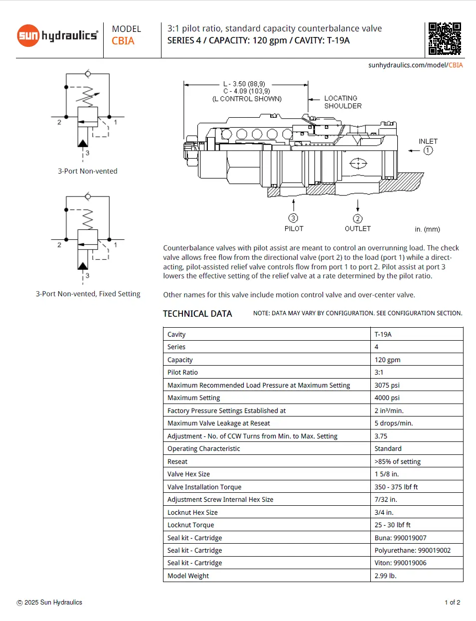 Van cân bằng áp suất cartridge SUN Hydraulics CBIA - LBN/LHN/LAN/LIN