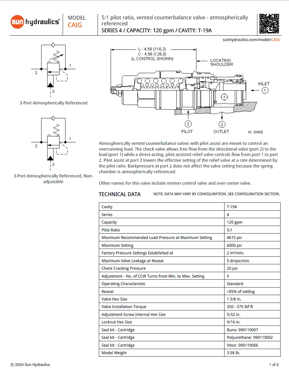 Van cân bằng áp suất cartridge SUN Hydraulics CAIG - LGN/LFN/LGV
