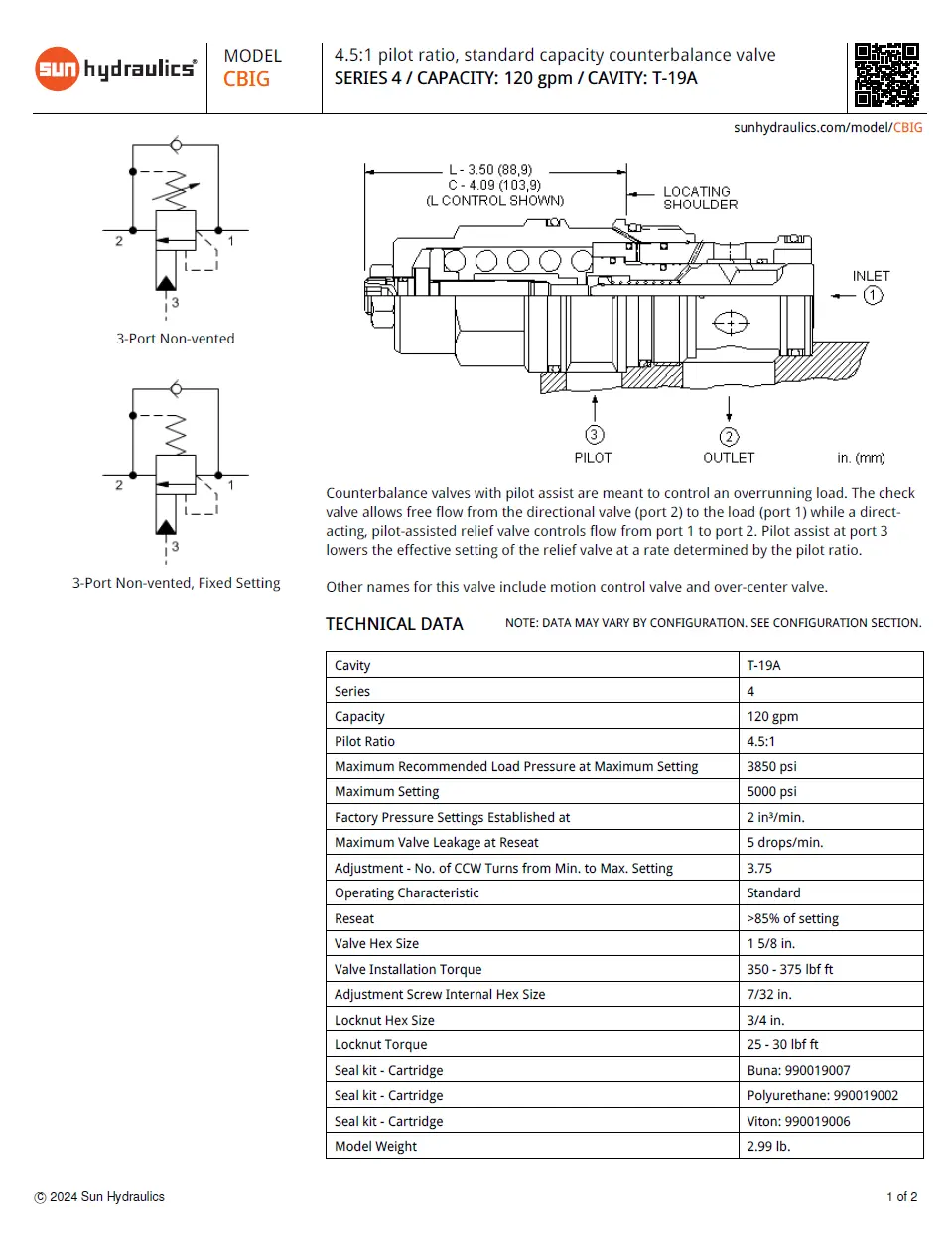 Van cân bằng áp suất cartridge SUN Hydraulics CBIG - LJN/LCN/LDN/LKN