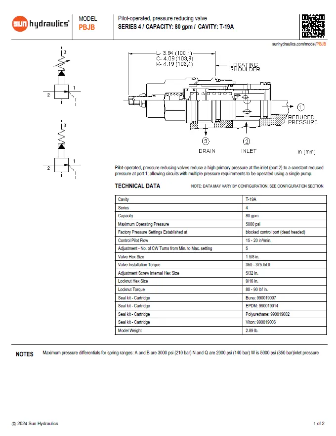 Van cân bằng áp suất cartridge SUN Hydraulics PBJB - LAN/LWN/LBN/LCN/LHN/LEN/LNN/LQN