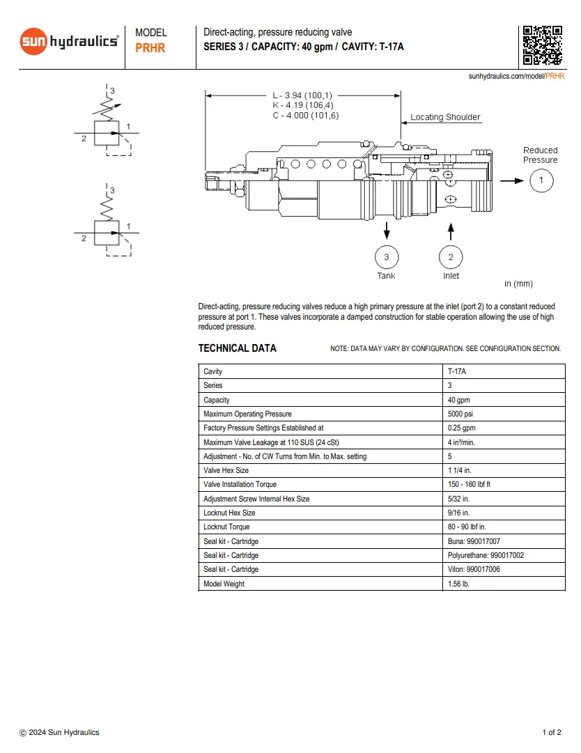 Van cân bằng áp suất cartridge SUN Hydraulics PRHR - LWN/LAN