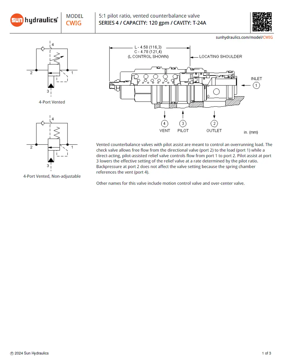 Van cân bằng áp suất cartridge SUN Hydraulics CWIG - LFN/LGN