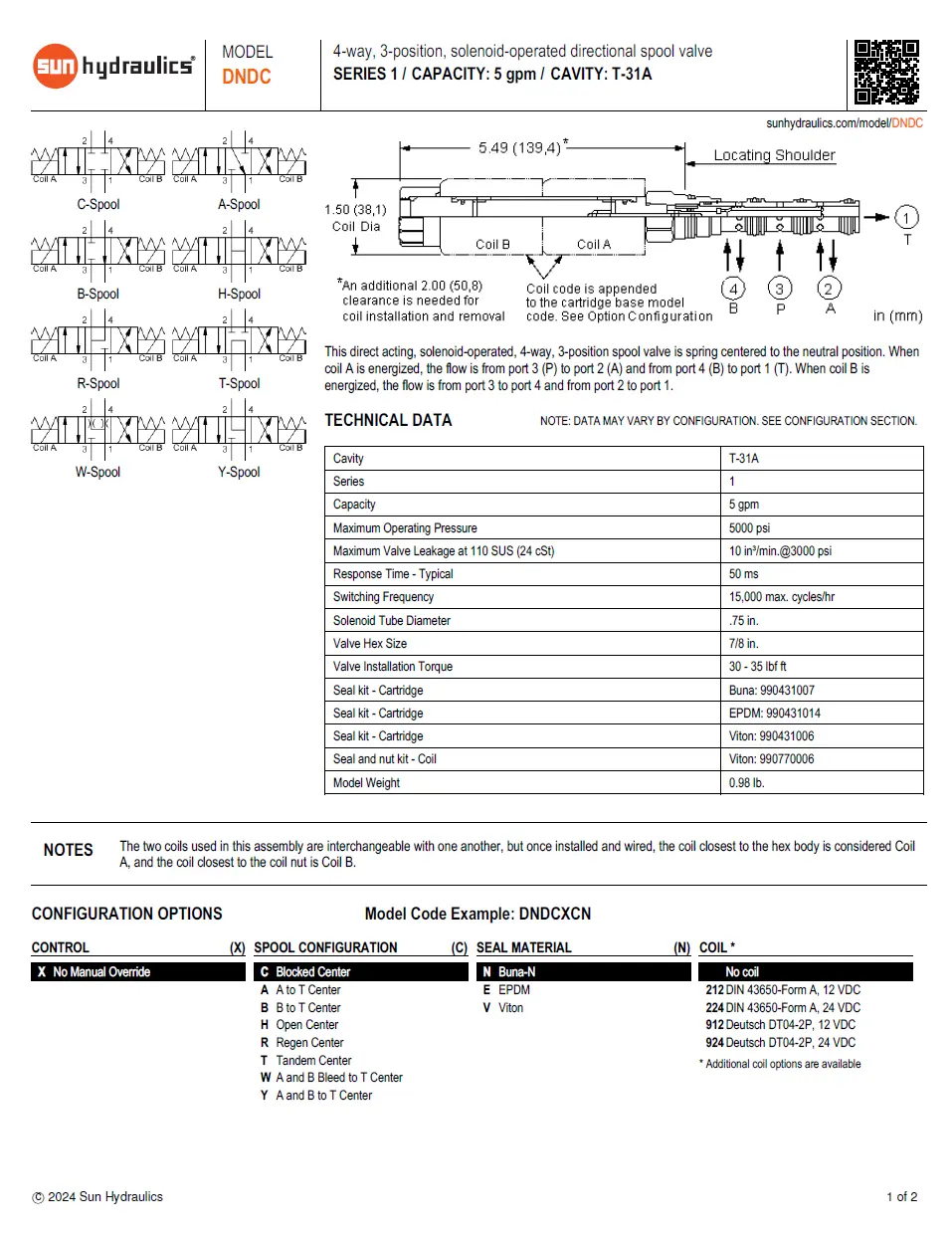 Van cân bằng áp suất cartridge SUN Hydraulics DNDC - XAN/XCN/XHN/XWN