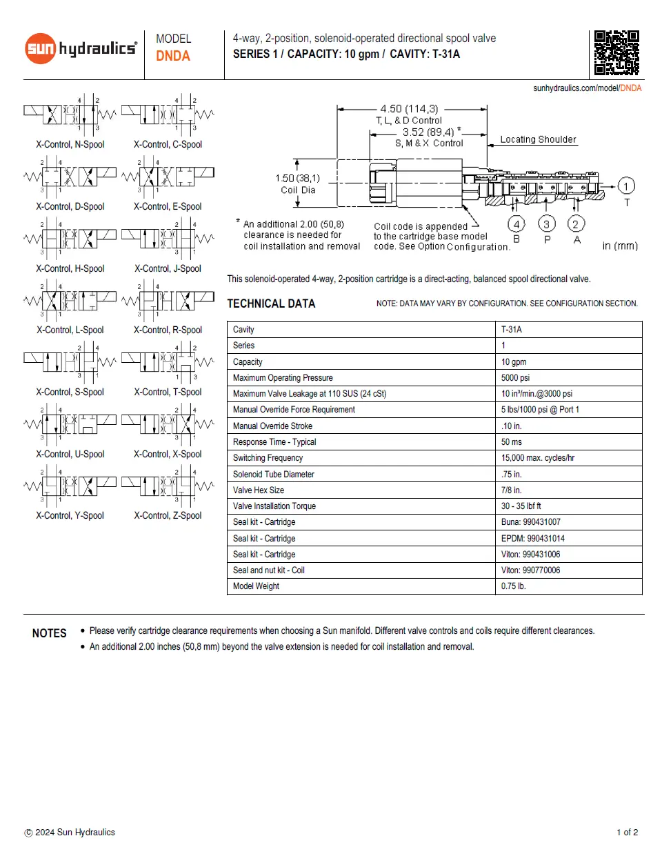 Van cân bằng áp suất cartridge SUN Hydraulics DNDA - MCN/MDN/MEN/MHN/MNN/MTN/XCN/XDN/XEN/XHN/XNN