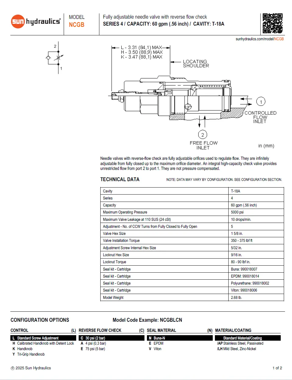 Van cân bằng áp suất cartridge SUN Hydraulics NCGB - LAN/LBN/LCN/LDN/LEN