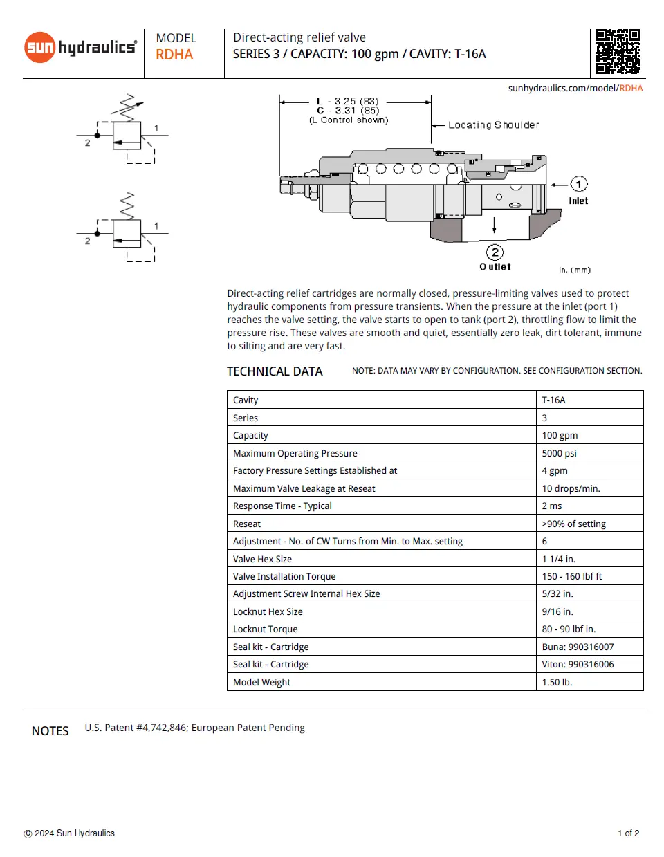 Van cân bằng áp suất cartridge SUN Hydraulics RDHA - LAN/LWN/LBN/LCN/LSN/LEN/LDN