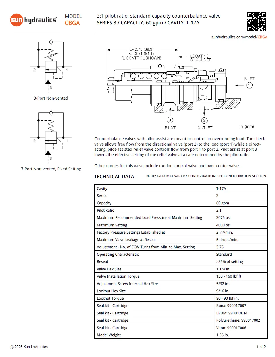Van cân bằng áp suất cartridge SUN Hydraulics CBGA - LHN/LAN/LBN/LIN