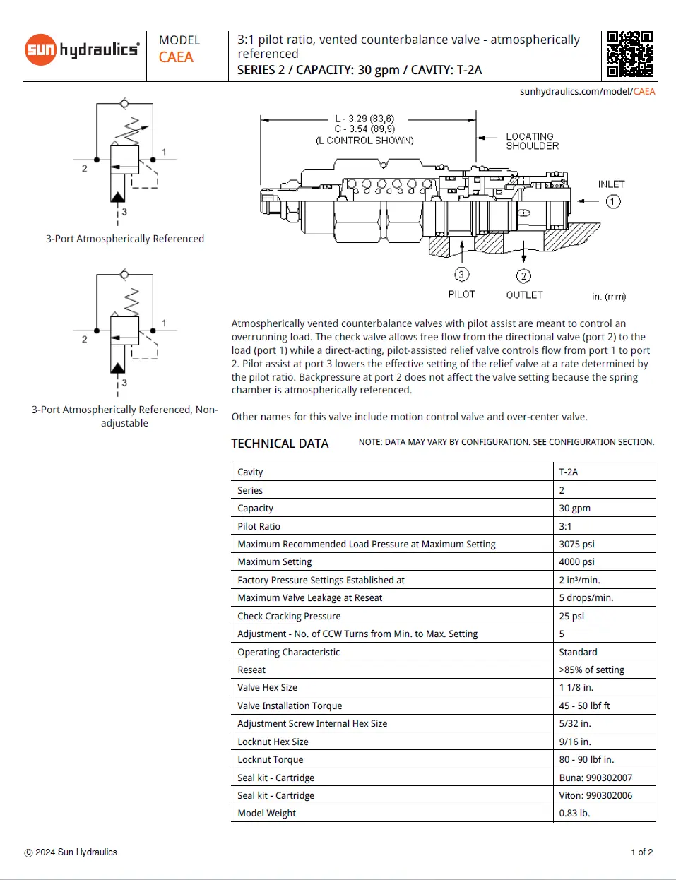 Van cân bằng áp suất cartridge SUN Hydraulics CAEA - LHN/LIN