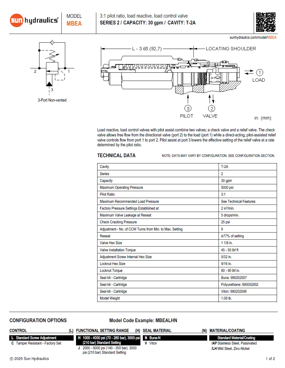 Van cân bằng áp suất cartridge SUN Hydraulics MBEA - LHN/LJN