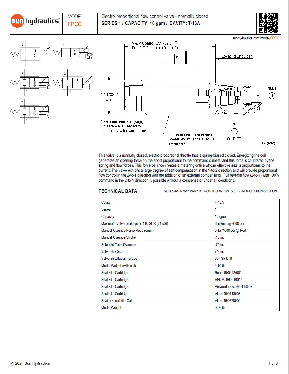 Van cân bằng áp suất cartridge SUN Hydraulics FPCC - XCN/XDN/MCN/MDN
