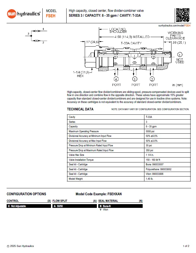 Van cân bằng áp suất cartridge SUN Hydraulics FSEH - XAN