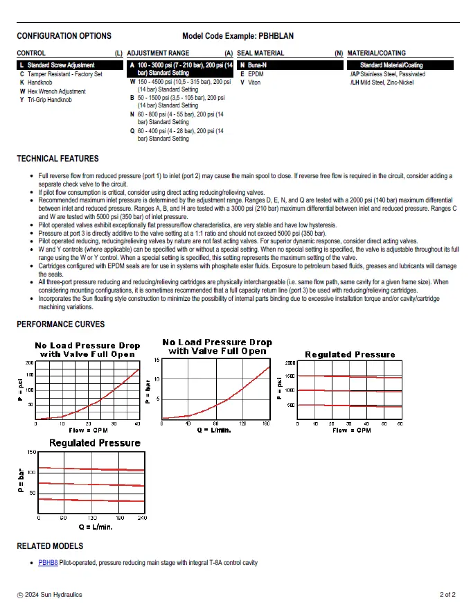 Van cân bằng áp suất cartridge SUN Hydraulics PBHB - LAN/LCN/LBN/LWN/LDN/LEN/LNN/LQN/LKN/8DN/8WN