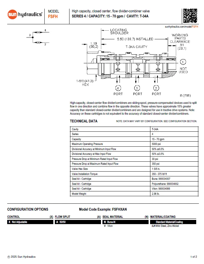Van cân bằng áp suất cartridge SUN Hydraulics FSFH - XAN