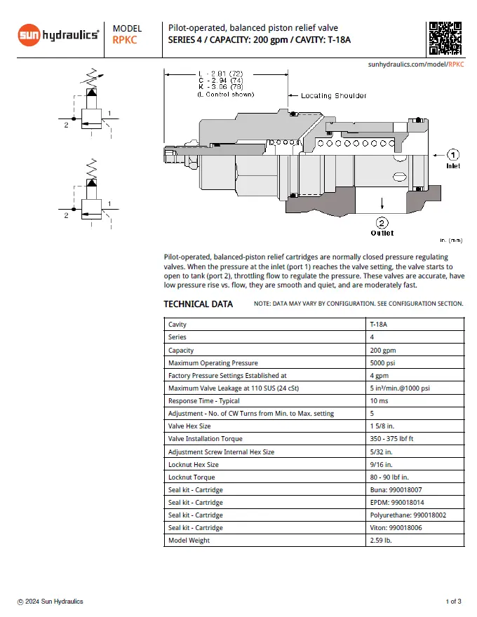 Van cân bằng áp suất cartridge SUN Hydraulics RPKC - LCN/LAN/LBN/LWN/LDN/LEN/LNN/LQN/LKN