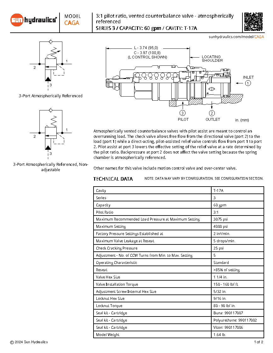 Van cân bằng áp suất cartridge SUN Hydraulics CAGA-LHN/LIN