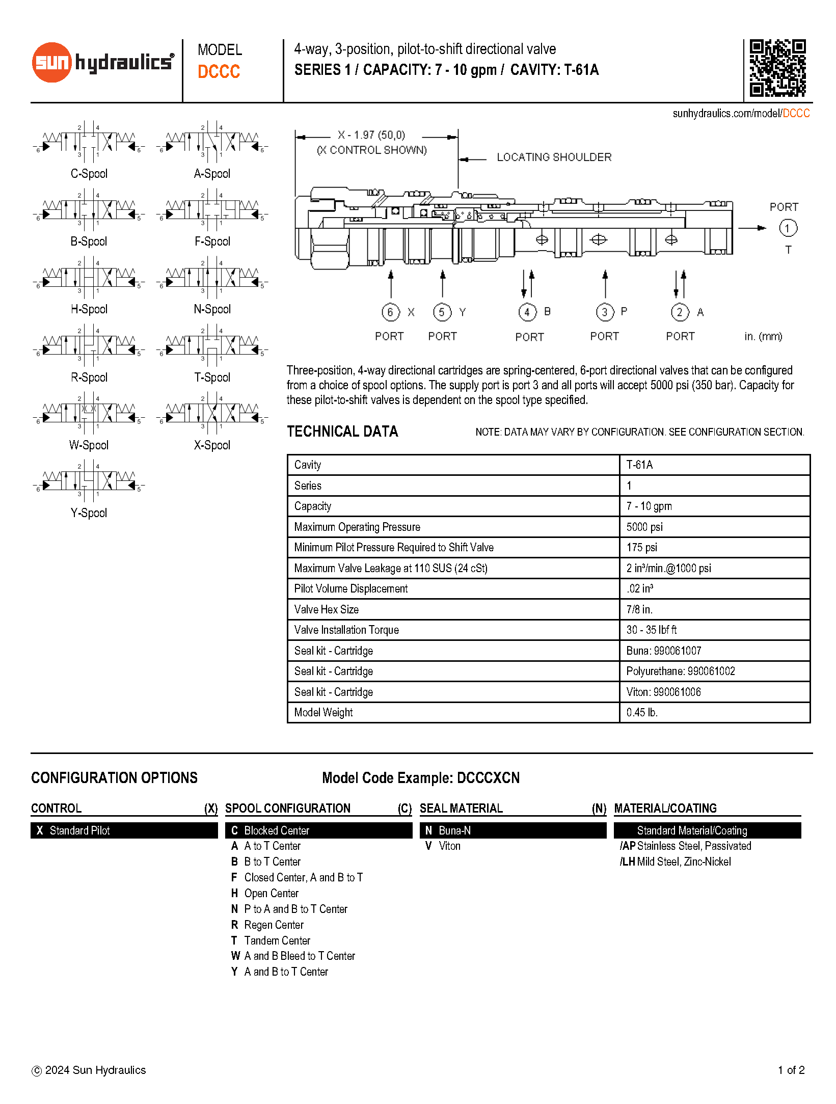 Van cân bằng áp suất cartridge SUN Hydraulics DCCC-XAN/XBN/XCN/XFN/XHN/XNN/XRN/XTN/XWN/XXN/XYN