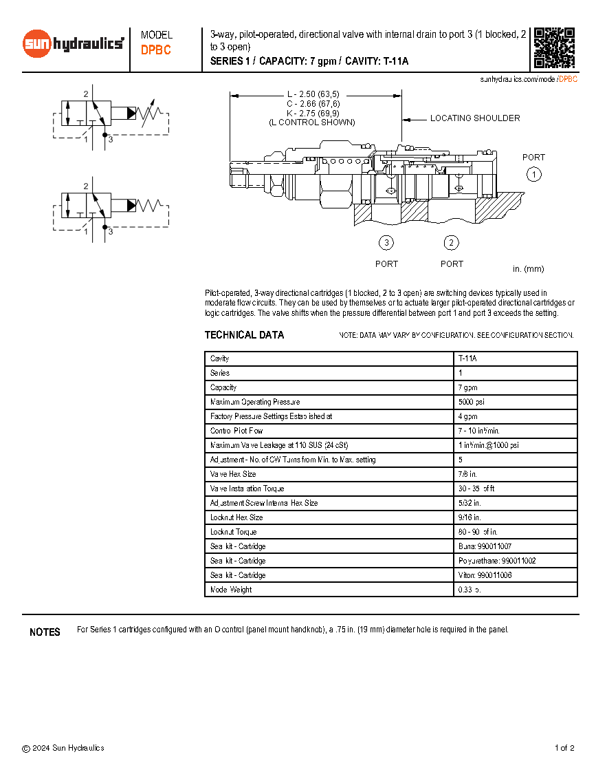Van cân bằng áp suất cartridge SUN Hydraulics DPBC-LAN/LBN/LCN/LDN/LEN/LKN/LWN/KAN/KCN/KWN