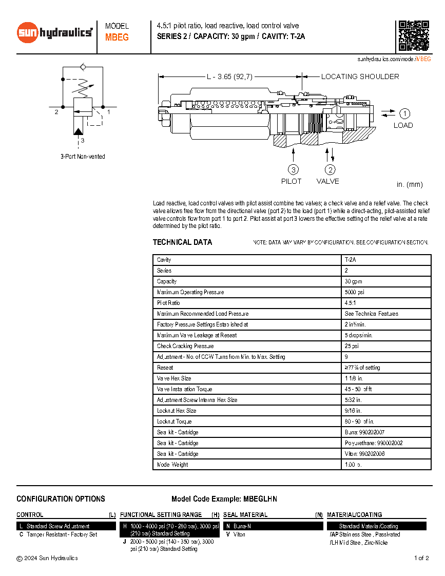 Van cân bằng áp suất cartridge SUN Hydraulics MBEG-LHN/LJN