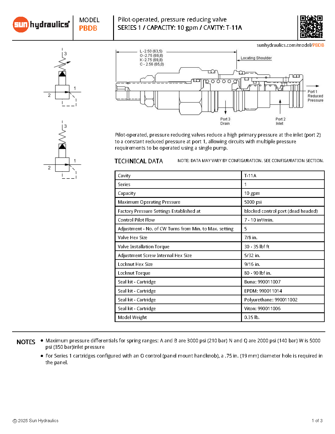 Van cân bằng áp suất cartridge SUN Hydraulics PBDB-LAN/LBN/LCN/LDN/LEN/LGN/LKN/LNN/LPN/LQN/8WN/8DN