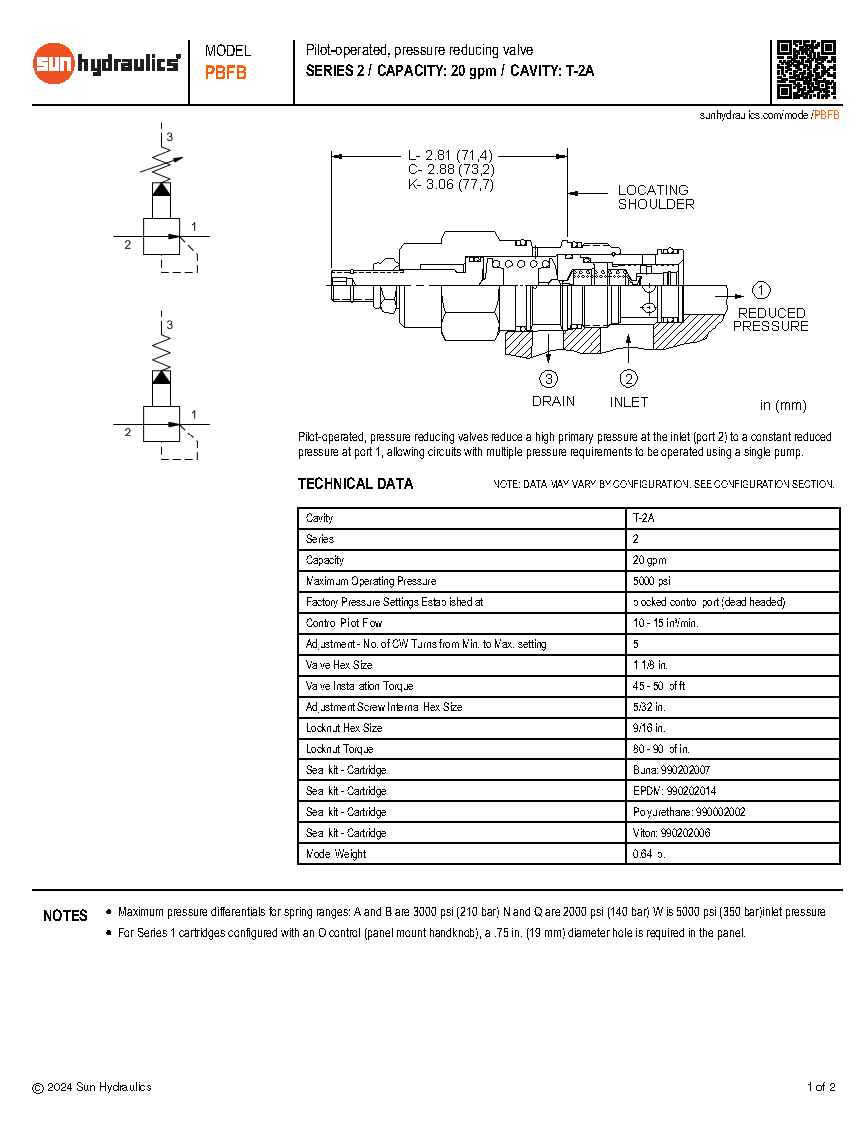 Van cân bằng áp suất cartridge SUN Hydraulics PBFB
