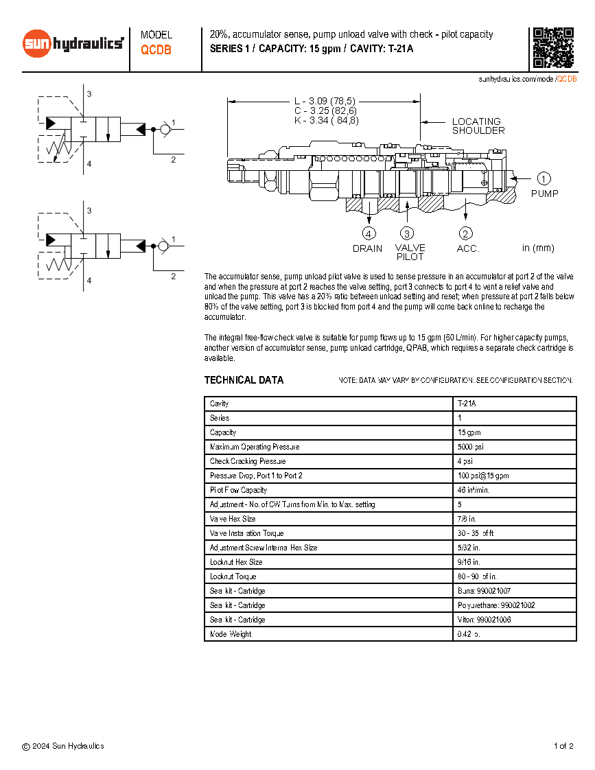 Van cân bằng áp suất cartridge SUN Hydraulics QCDB - LAN/LBN/LCN/LDN